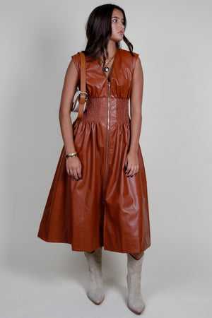 AUREUM | Vegan Leather Smocked Midi Dress - Cognac