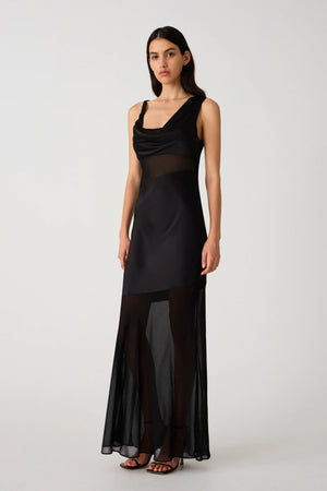 MISHA | Idalia Satin & Georgette Maxi Dress - Black