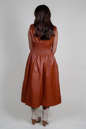 AUREUM | Vegan Leather Smocked Midi Dress - Cognac