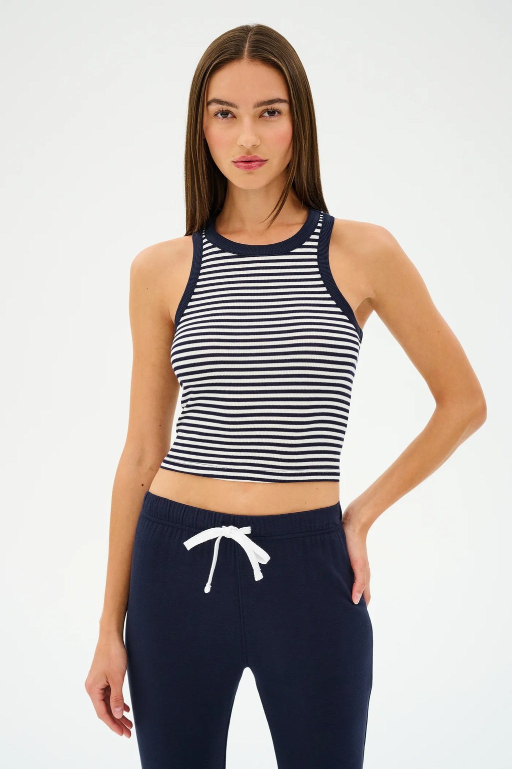 SPLITS59 | Kiki Rib Crop Tank - White/Indigo