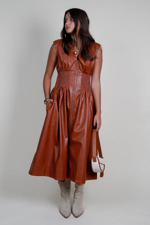 AUREUM | Vegan Leather Smocked Midi Dress - Cognac