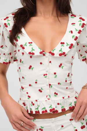 FOR LOVE & LEMONS | Beaded Cherries Top - White