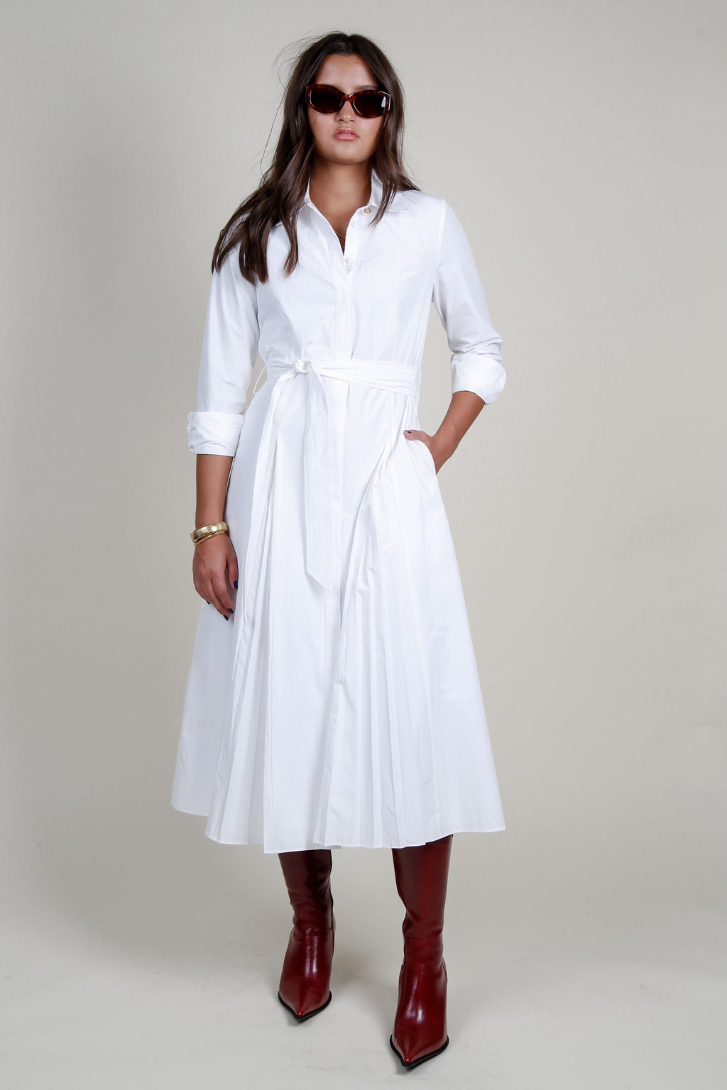 DEREK LAM | Annette Long Sleeve Pleated Shirt Dress - White