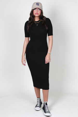 ENZA COSTA | Silk Rib Half Sleeve Midi Dress - Black