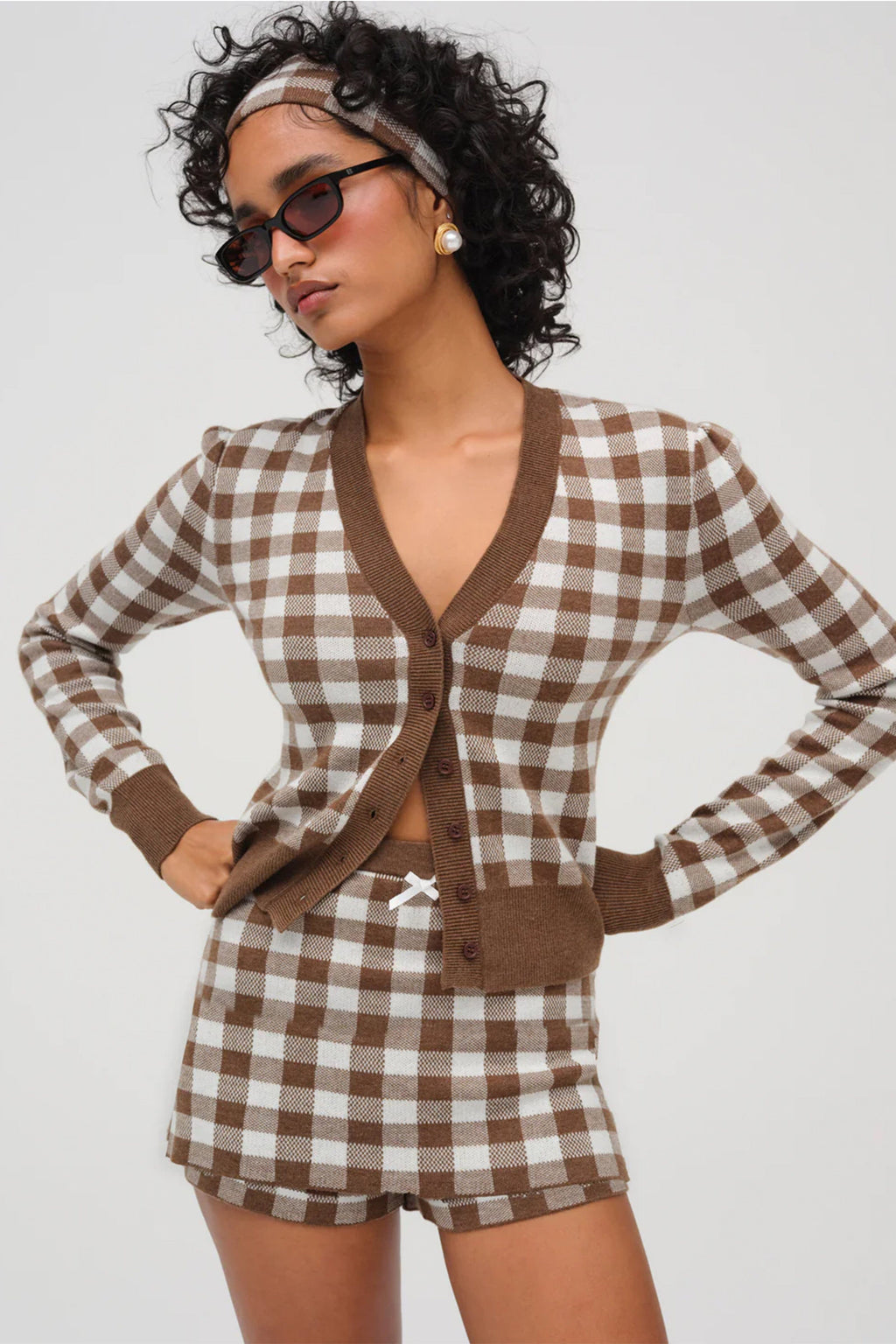 FOR LOVE & LEMONS | Gingham Knit Cardigan - Brown