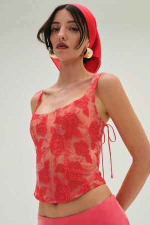 FOR LOVE & LEMONS | Embroidered Roses Corset Top - Red