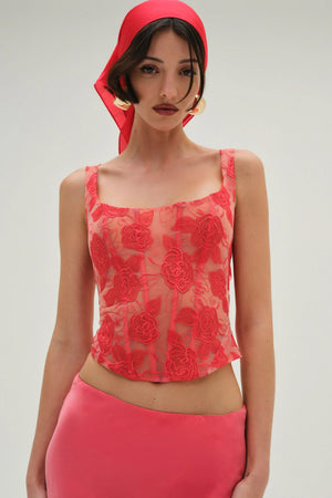 FOR LOVE & LEMONS | Embroidered Roses Corset Top - Red