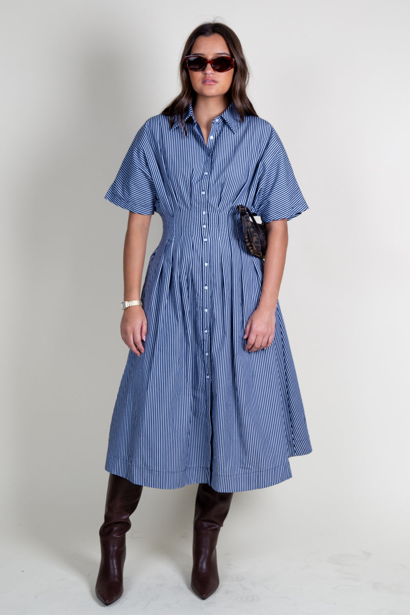 AUREUM | Pleated Midi Shirt Dress - Navy