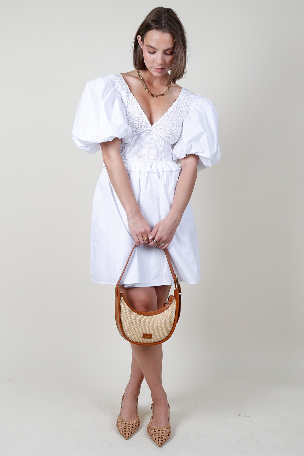 AUREUM | Smocked Puff Sleeve Mini Dress - White